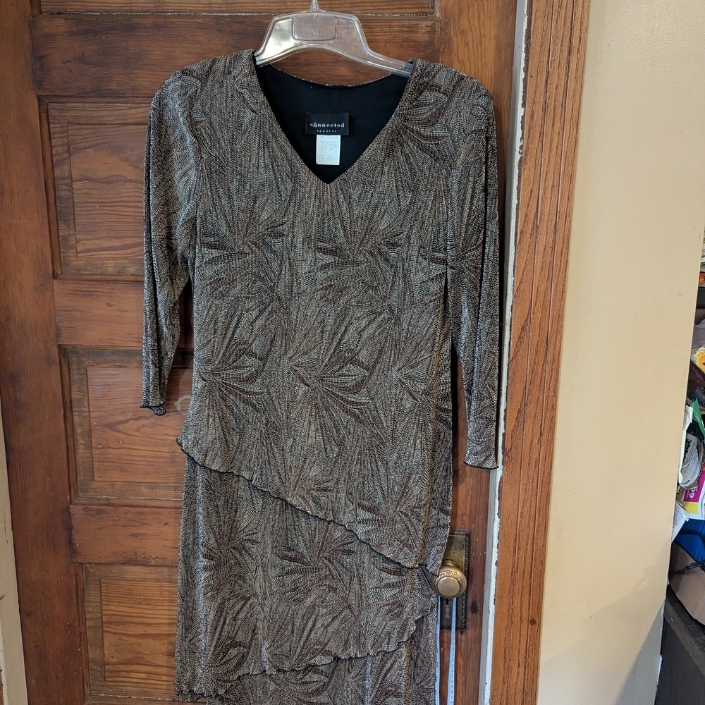 Connected‎ Apparel Metallic Gold Palm Leaf Tiered Dress Brown V-Neck 12 AB011566